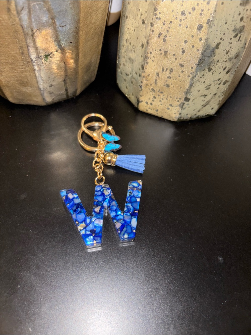 Handmade Blue & Gold Resin Initial "W”Keychain with Tassel & Butterfly Charm🦋